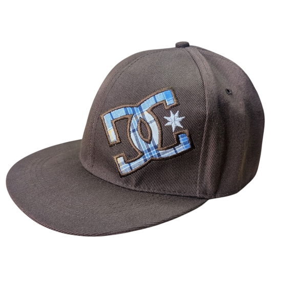 Retro DC Brown Cap Light Baby Blue White Gray Plaid Logo 7 & 1/8 EUC 100% Cotton - Picture 1 of 11